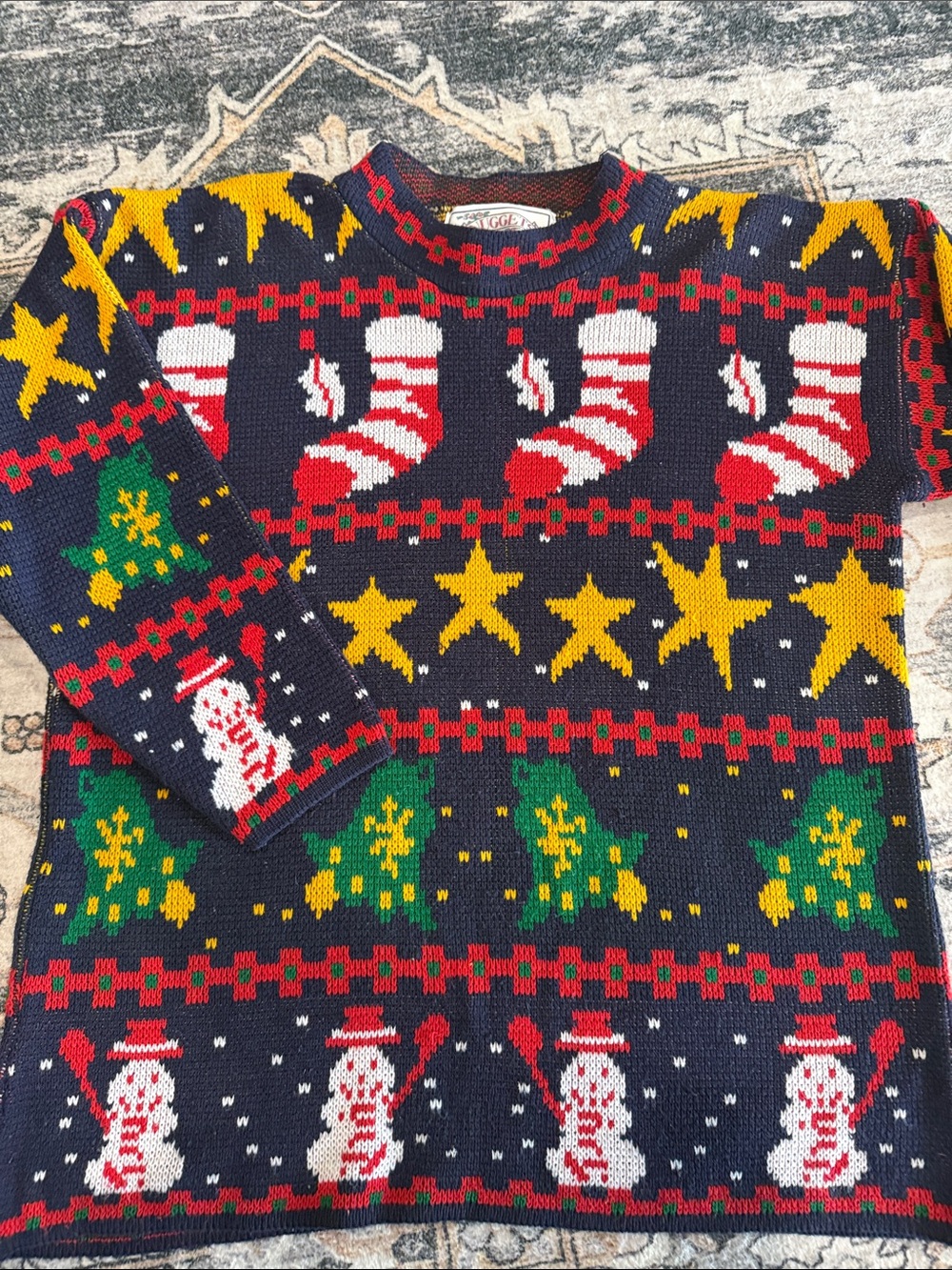 Vintage woman’s  Navy Christmas Knit Sweater with Festive Motifs
